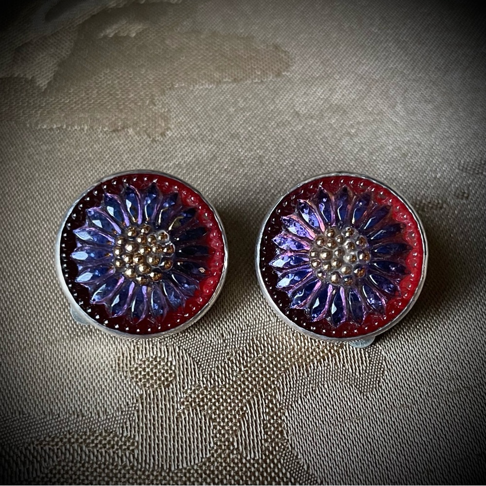 Czech Glass Button Sterling Silver AKR clip earrings - Picture 5 of 7